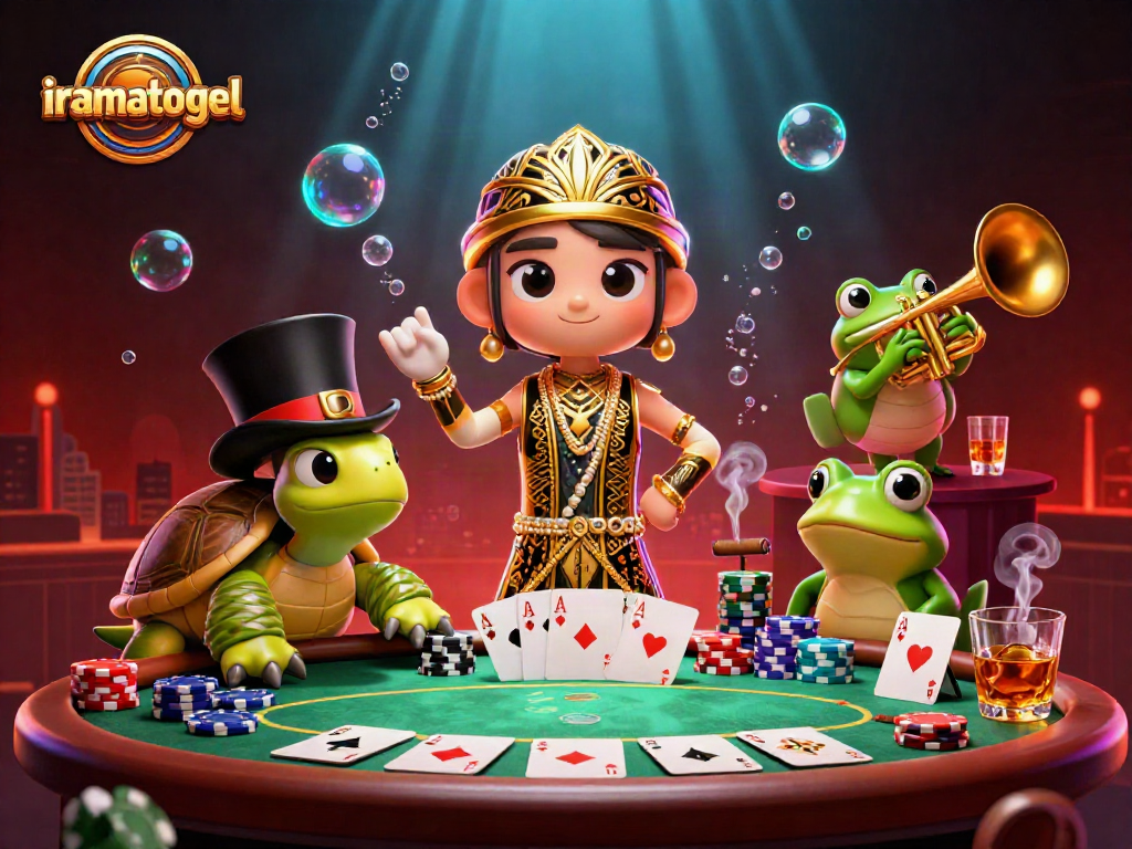 Gambarkan iramatogel di malam speakeasy dengan karakter lucu dan elemen poker yang menarik.