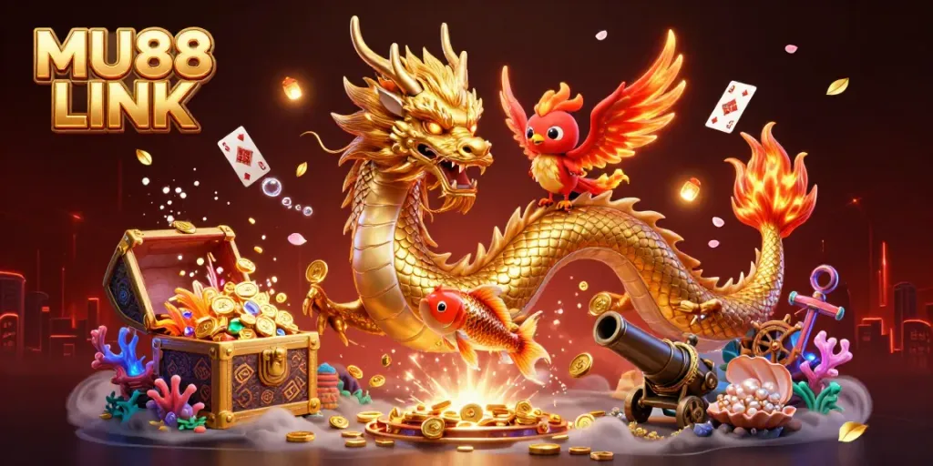 Engage in the thrill of gaming with MU88 LINK showcasing an epic dragon, phoenix, and koi fish scene.