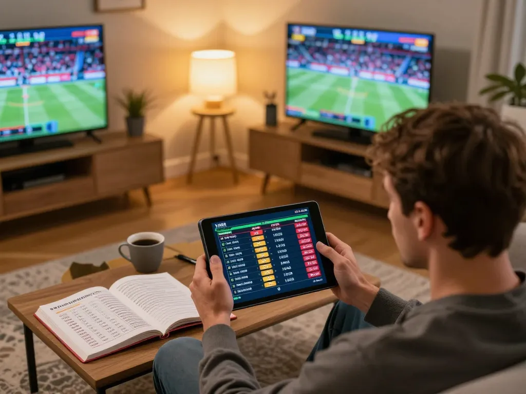 Betting on sports with VA88 odds displayed on tablet, engaging living room atmosphere