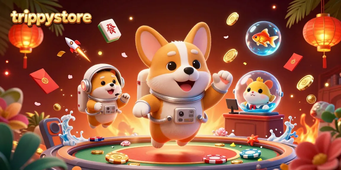 Play thrilling games at trippysstore with a floating astronaut corgi and vibrant casino elements.