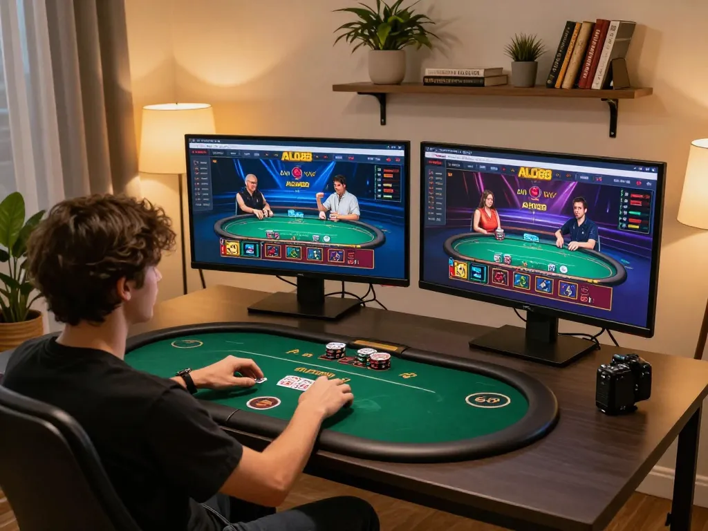 Playing exciting poker on the ALO88 EU com online casino platform with multiple screens.