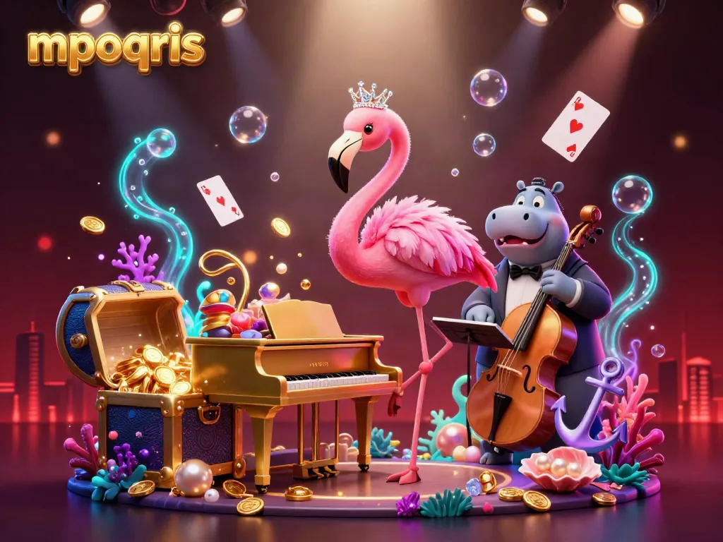 Gambaran 3D mpoqris dengan flamingo penyanyi kasino dan hippo bassist di latar belakang yang semarak.