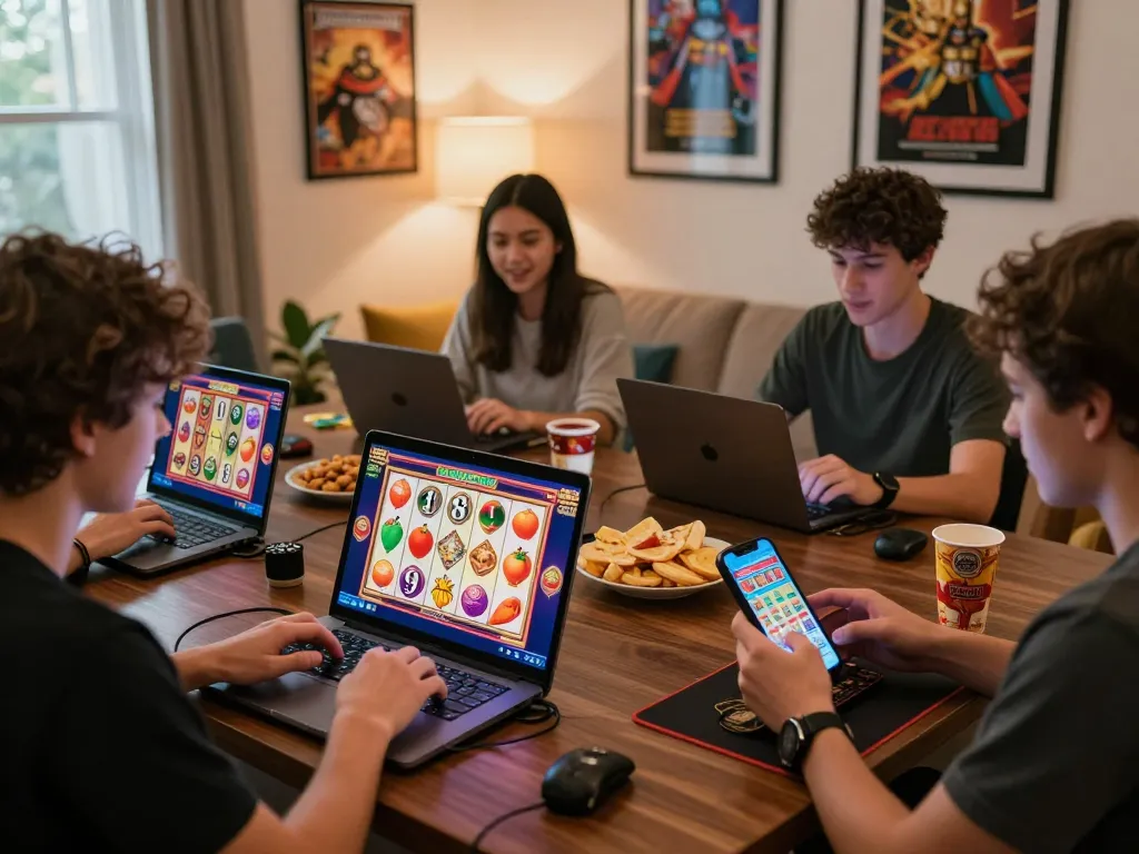 Excited players enjoying slot games in various devices, showcasing engaging graphics and cozy home atmosphere.