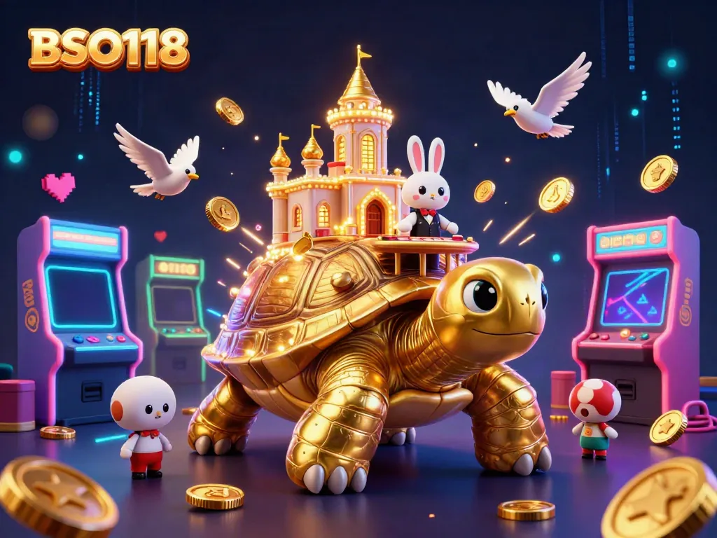 Experience exciting gaming at BSO118 with a charming cartoon casino scene featuring a golden tortoise and a rabbit dealer.