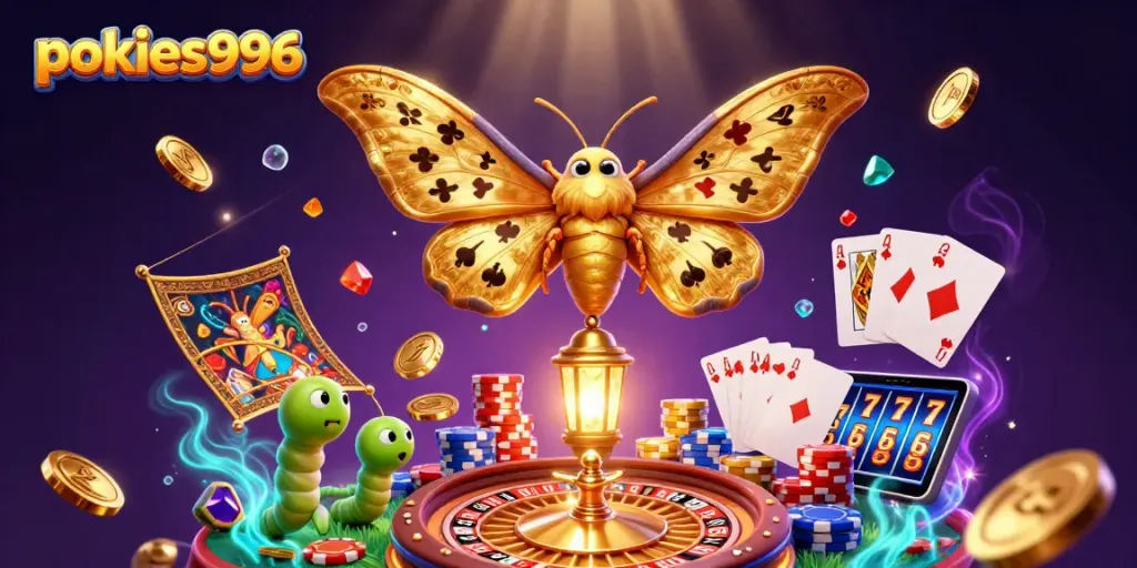Engage with pokies996 through a vibrant 3D illustration showcasing a butterfly and casino excitement.