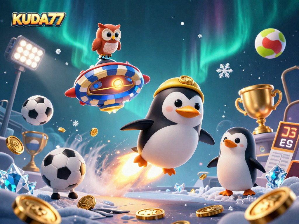 Permainan KUDA77 dengan penguin emas luar angkasa dan elemen kasino terbang.