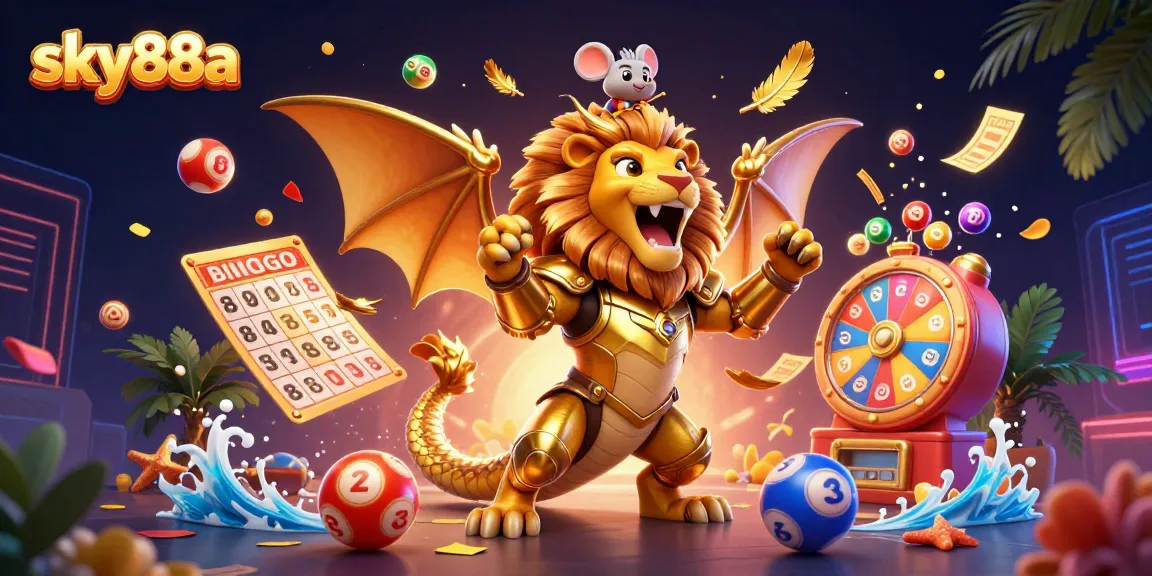 Engage with sky88a's thrilling gaming experience, featuring a golden chimera and dynamic lottery elements.