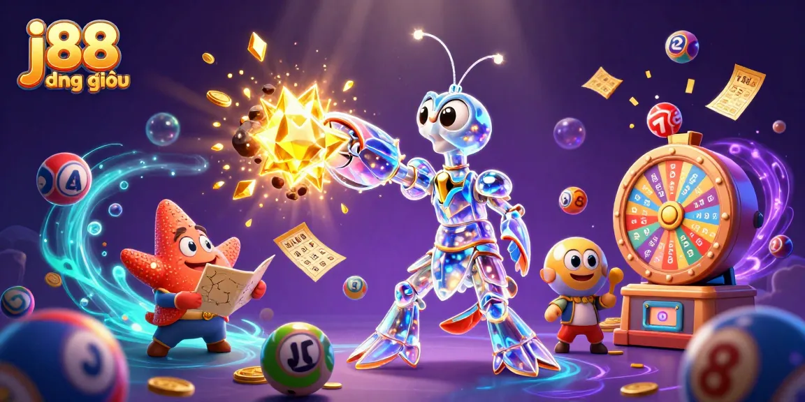 Experience j88 đăng nhập with colorful lottery balls and vibrant casino elements in this dynamic scene.