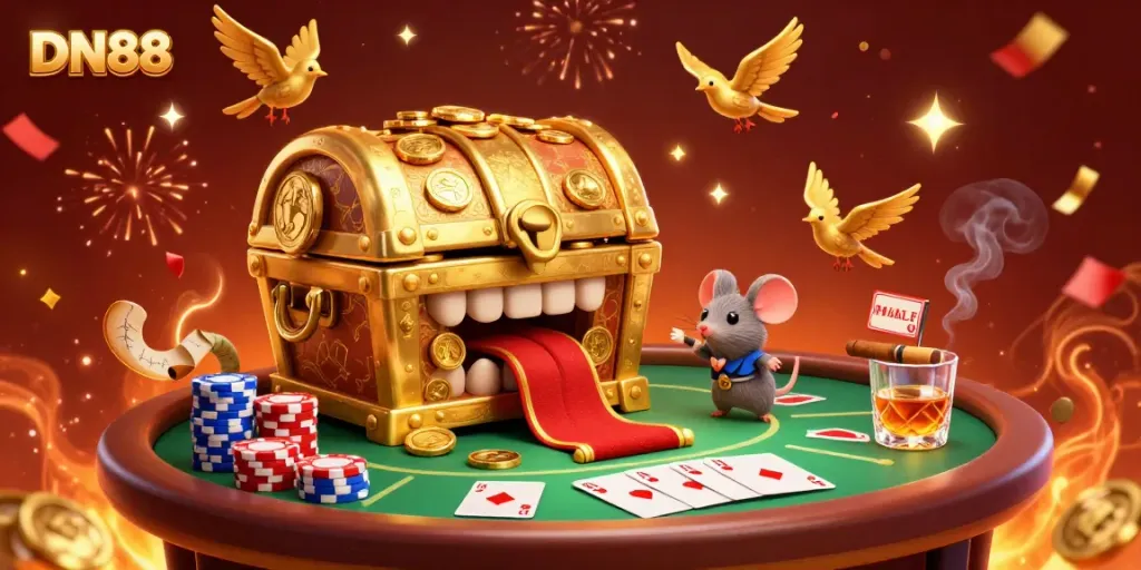 Experience the thrill of DN88 with a vibrant 3D illustration featuring a treasure chest drawing in adventurer mice amid poker table excitement.