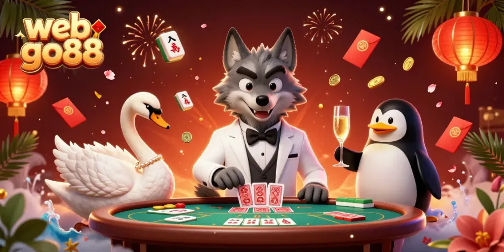 Experience excitement at the baccarat table with web go88, featuring a debonair wolf and elegant swan.