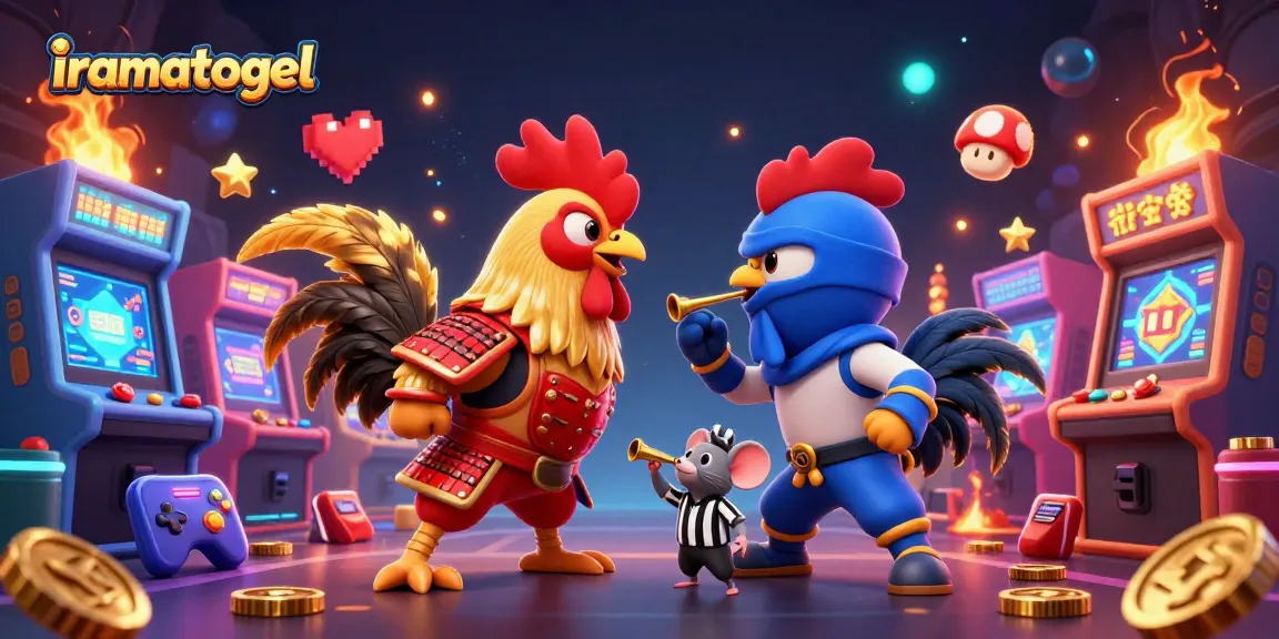 Gambaran aksi iramatogel dengan ayam jantan bertarung di arena, elemen kasino dan permainan cerah mengelilinginya.