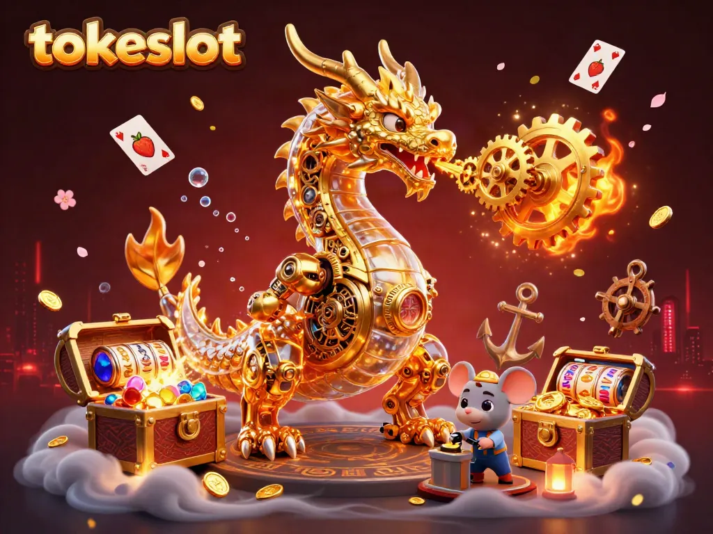 Experience the excitement of tokeslot with a golden dragon and treasure amidst vibrant game elements.