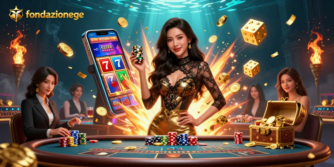Spin to win at fondazionege gaming hub featuring a glamorous Asian woman surrounded by golden chips and slot machines.