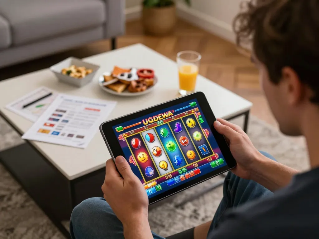 Player enjoying UGDEWA slot games on a tablet, surrounded by strategy notes in a cozy home setting.
