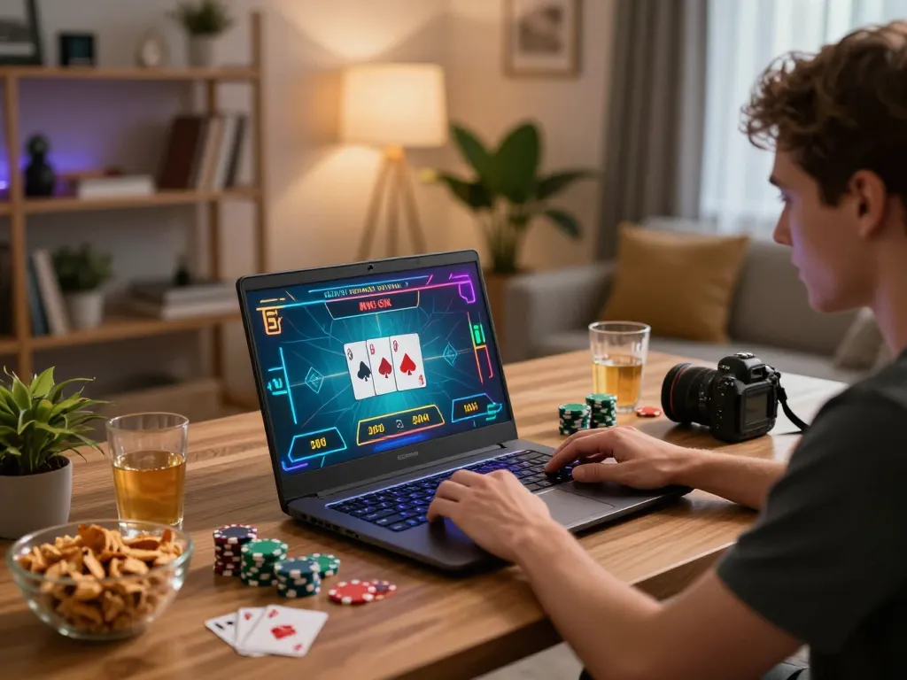 Player enjoying online casino gameplay on https://123win.click/ with vibrant atmosphere and cozy setup.