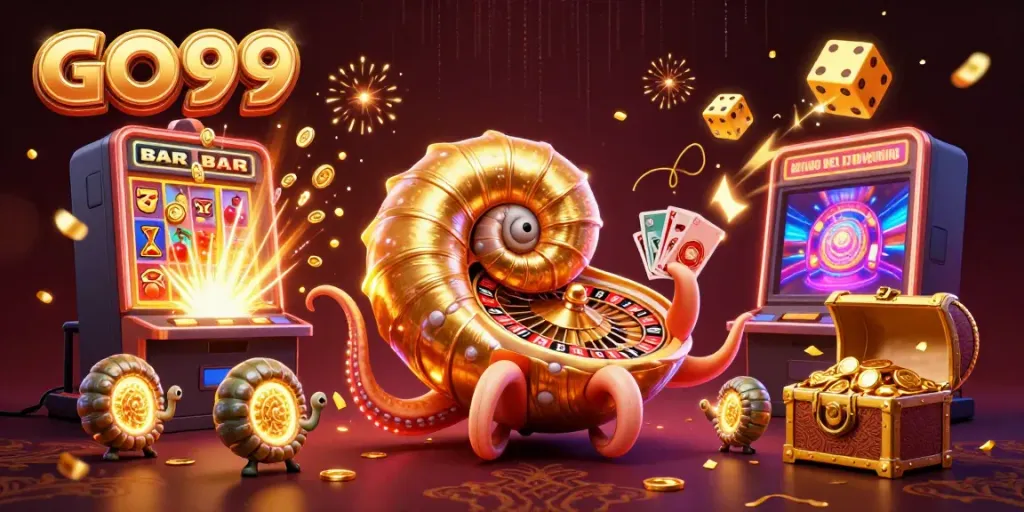 Experience the thrill of GO 99 with a giant nautilus casino scene illustrating jackpot excitement and vibrant energy.
