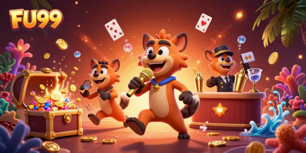 Hyenas in a vibrant comedy casino club at FU99, mixing drinks and telling jokes surrounded by playful gaming elements.