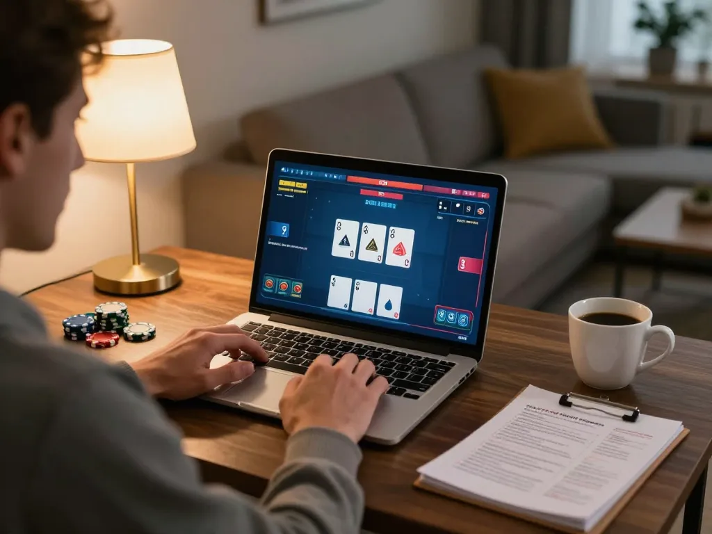IDNSCORE player strategizing during online poker tournament with laptop interface in cozy home setting