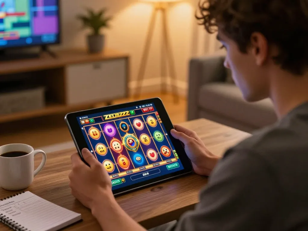 ZEUS222 player enjoying a colorful slot game on a tablet, showcasing online gambling excitement.