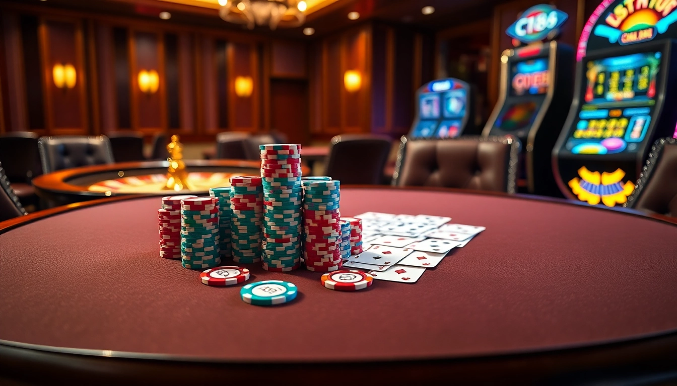 C168 enhances the thrill of gambling at a luxurious poker table with vibrant chips and cards.