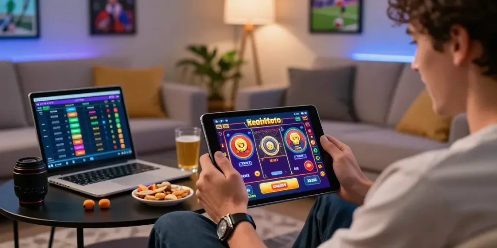 Kediritoto bermain judi online dengan antusias di ruang tamu yang nyaman.