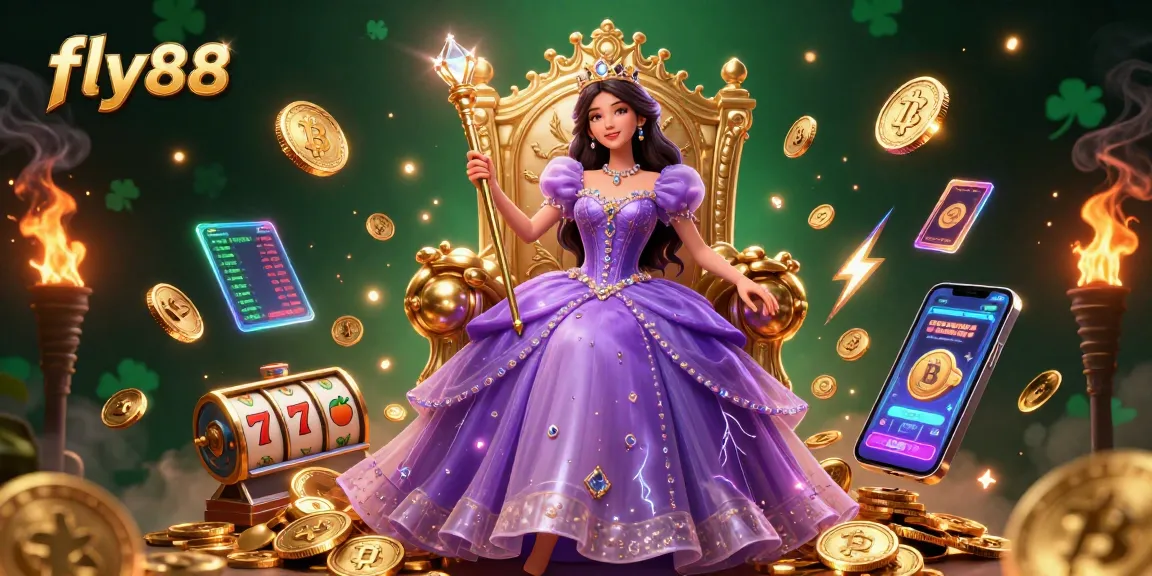 Engage with fly88’s captivating casino world featuring vibrant slot machine elements and cryptocurrency visuals.
