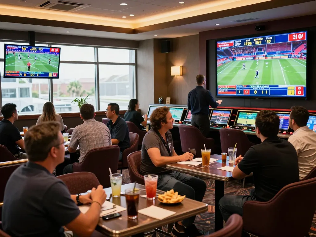 Customers analyzing bets in a lively sports betting lounge at 789bet casino