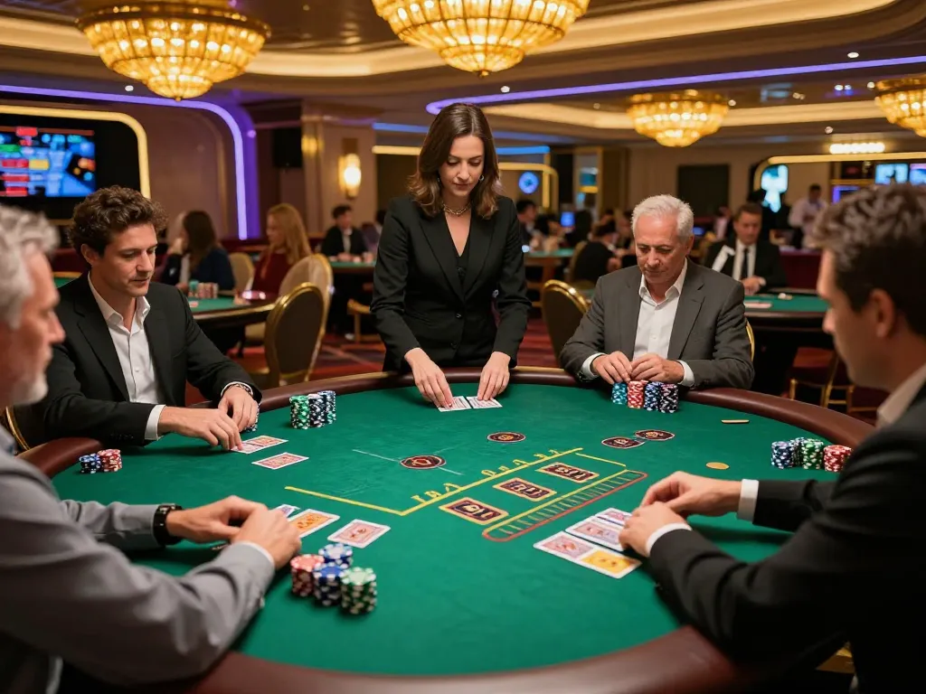 Experience thrilling UGDEWA blackjack gameplay at a luxury casino with vibrant tables and focused players.