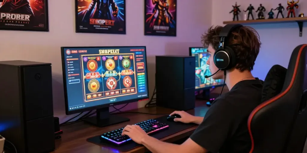 Aktivitas bermain sniperslot di ruang permainan yang nyaman dengan aksesori gaming.