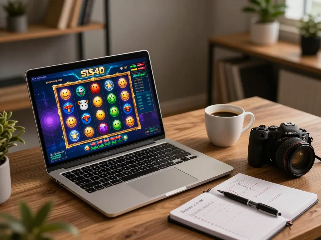 SIS4D player enjoying a winning slot game from home, with strategic notes and coffee visible.