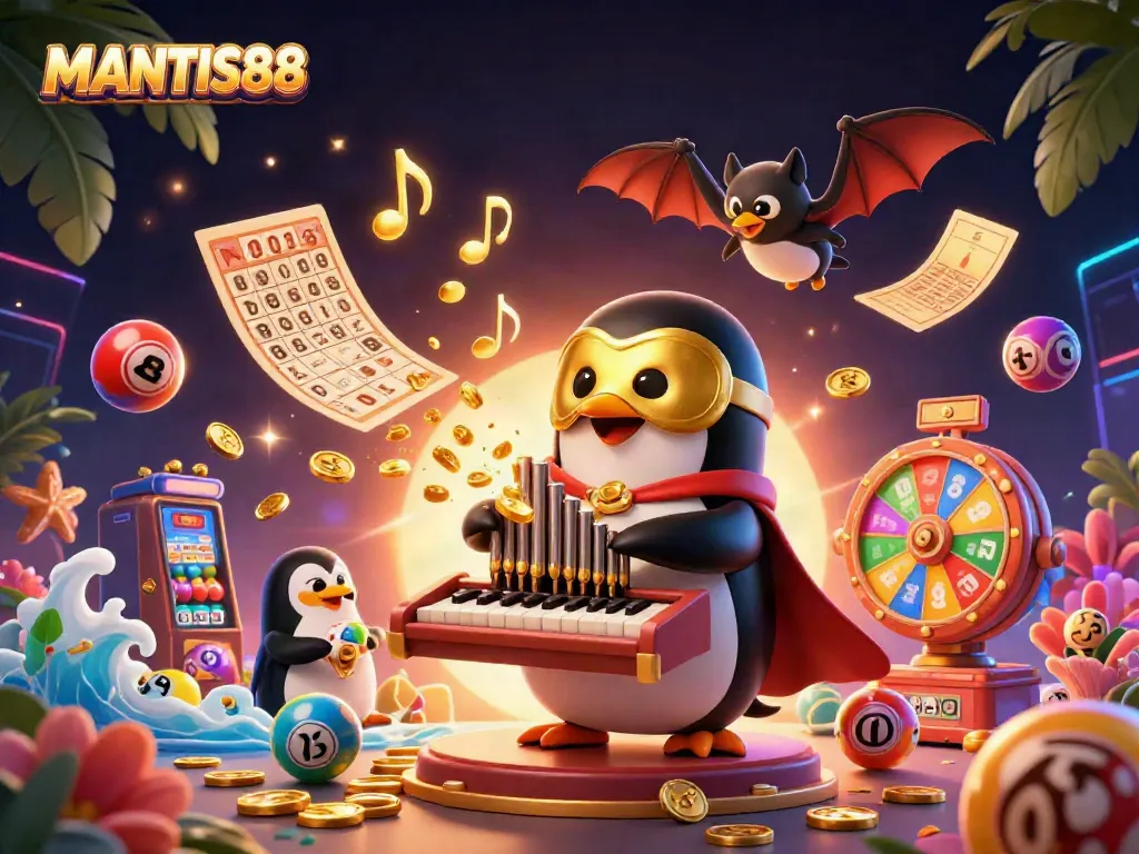 Engage with MANTIS88 in a vibrant online casino world featuring golden coins and lottery excitement.