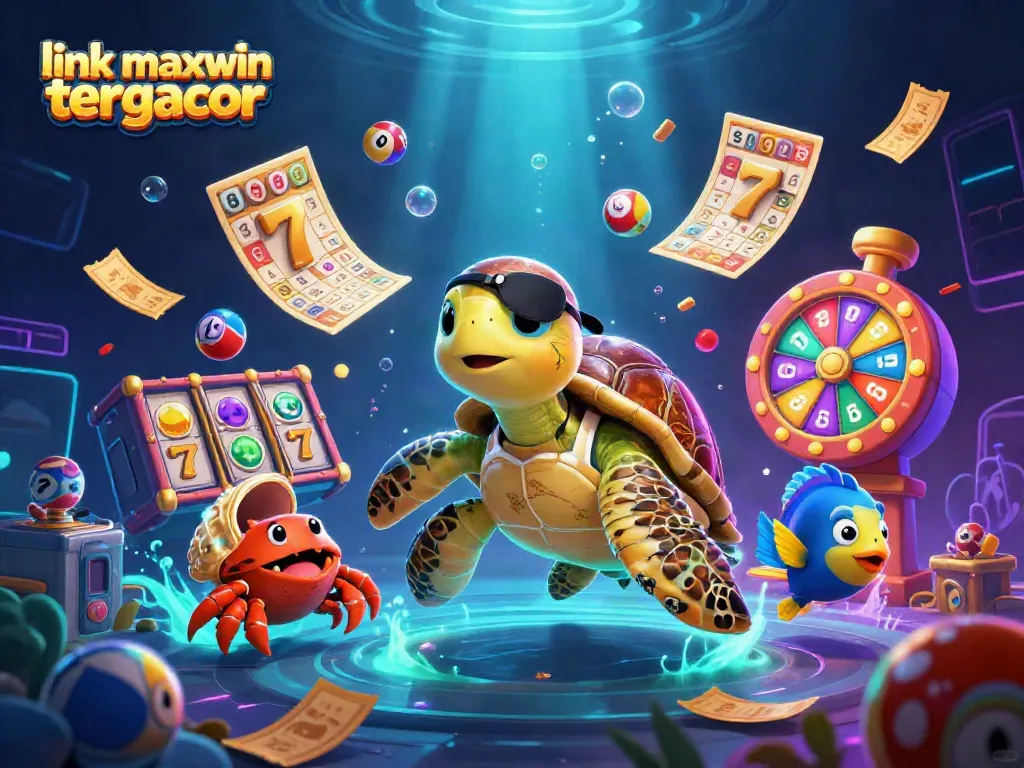 Engage with link maxwin tergacor featuring a pirate turtle, crab, and parrotfish amid colorful slot reels and lottery balls.