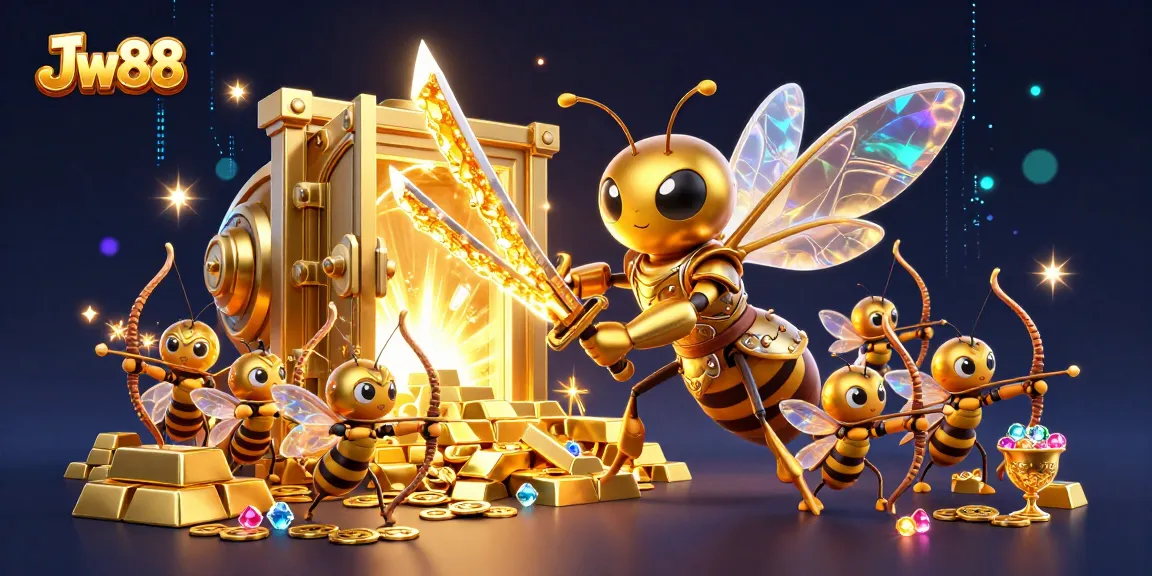 Experience Jw88's vibrant casino adventure with a golden hornet and treasure elements.