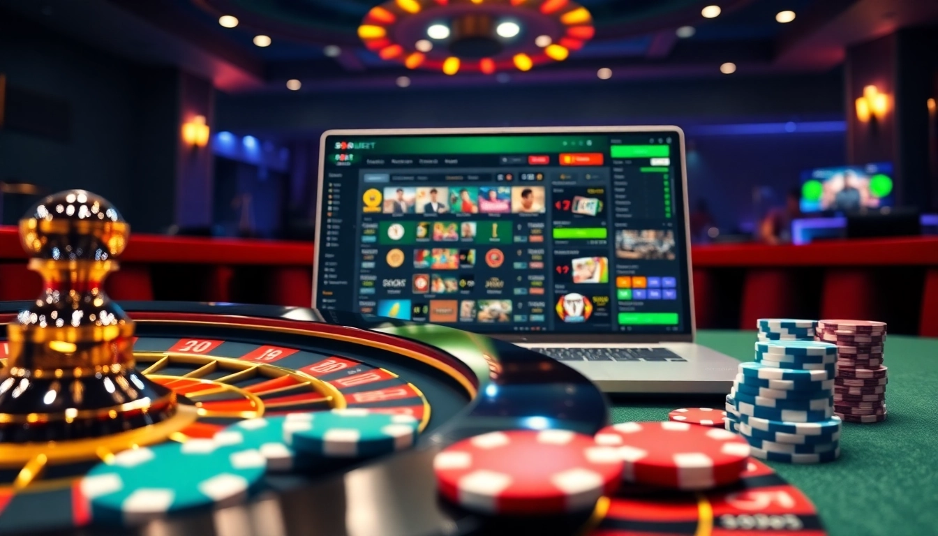 Engage with the sbobet login terbaru on a luxurious online gambling interface featuring vibrant casino elements.