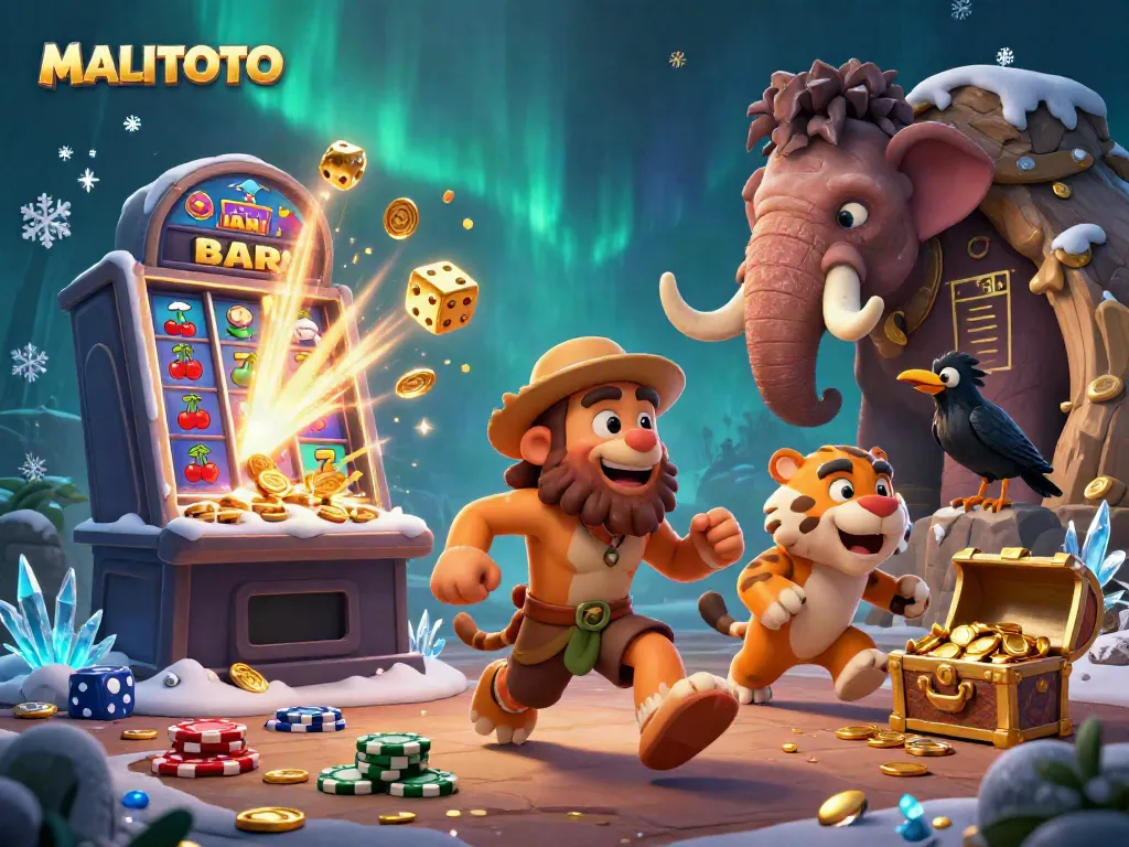 Experience big wins at MALITOTO with a dynamic casino scene featuring colorful slots and characters.
