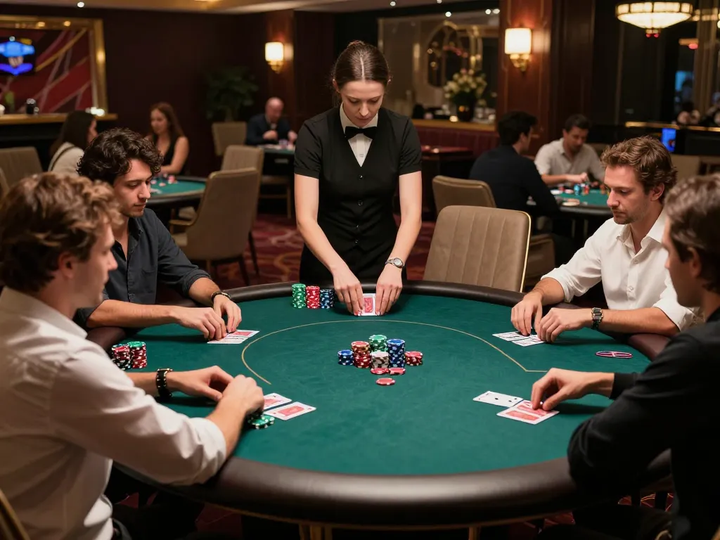 Players at nhà cái vua 88 in an upscale casino poker game, capturing intense strategy and engagement.