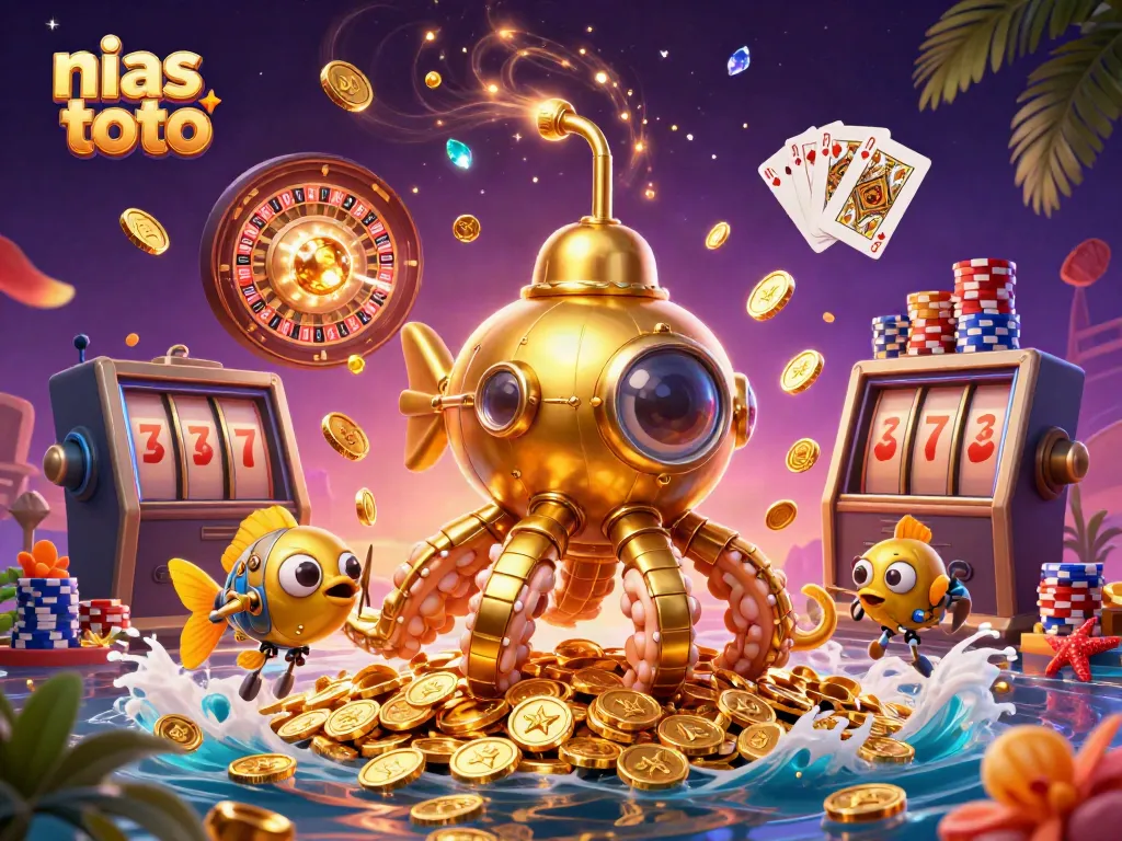 Ilustrasi nias toto dengan kapal kraken dan koin emas, menampilkan permainan kasino yang seru.