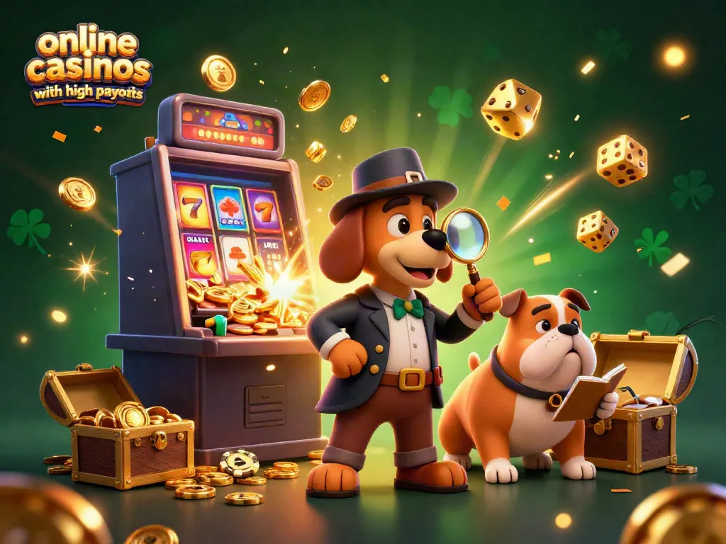 Explore online casinos with high payouts in this vibrant casino scene featuring a detective and bulldog.