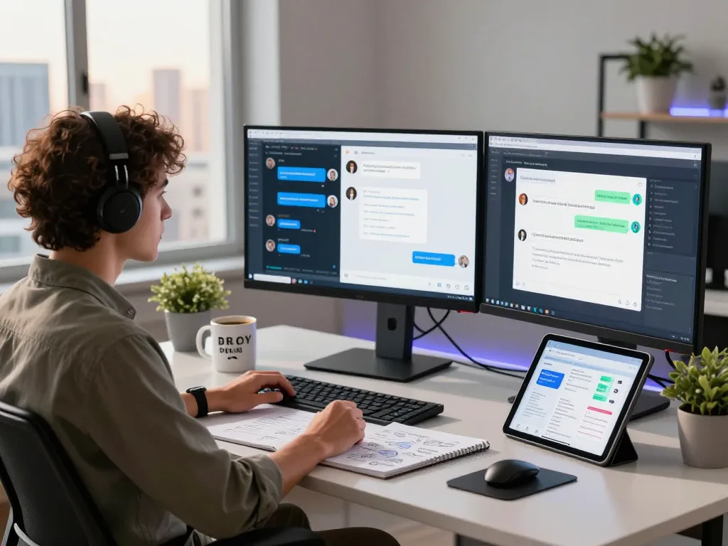 Dynamic workspace showcasing crushonai character AI development with vibrant screens and a creative atmosphere.
