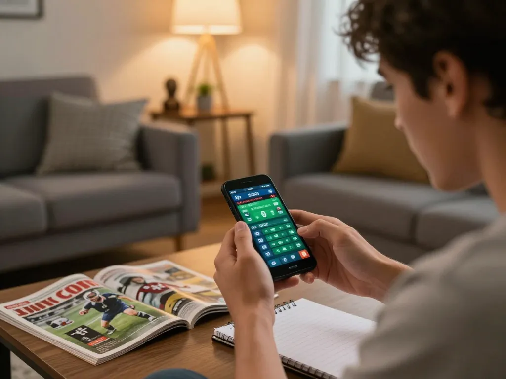 Hubet user strategizing online sports bets in an engaging living room environment.