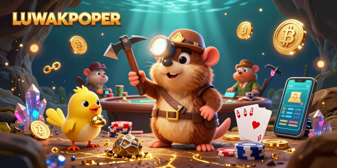 Engage in thrilling poker action with LUWAKPOKER, featuring a treasure hunter mole and gold-filled cave.