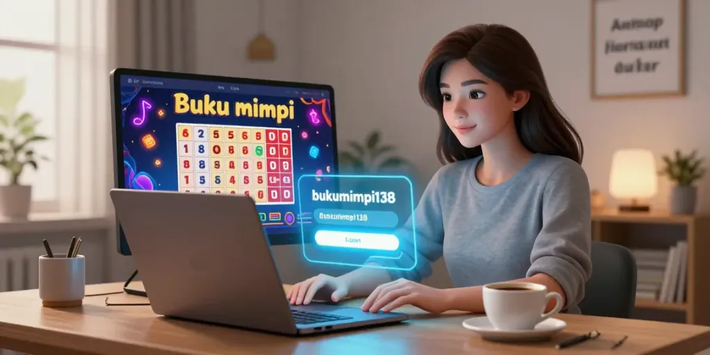 Bukumimpi138 daftar - wanita muda menjelajahi platform perjudian online dengan buku mimpi digital di ruang modern.