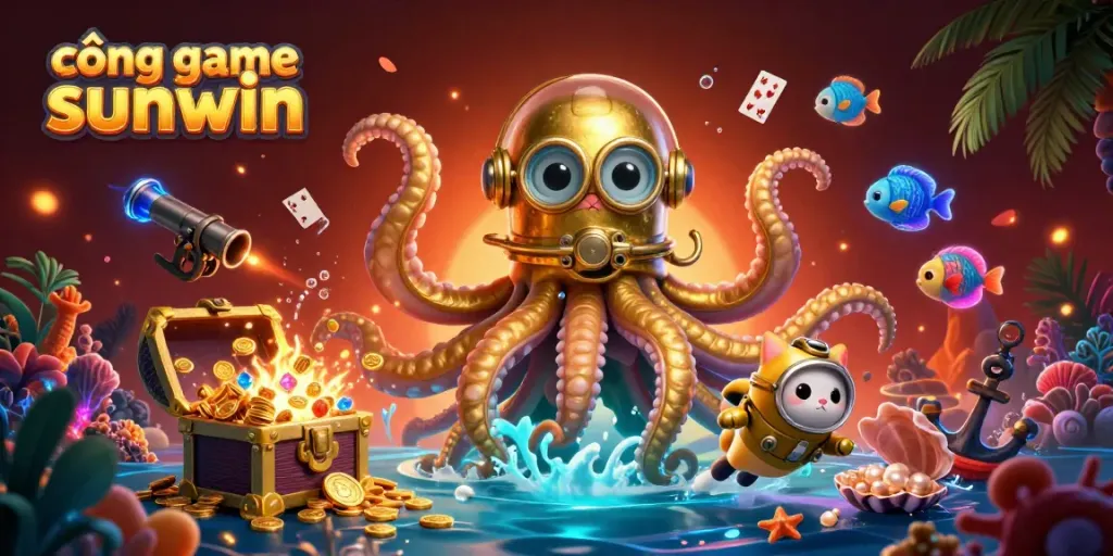 Engaging scene showcasing the cổng game sunwin with a colossal kraken and diving cat amidst treasure, highlighting casino excitement.