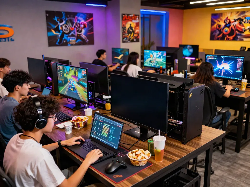 Exciting ROKOK88 link gaming atmosphere with diverse players enjoying various games.