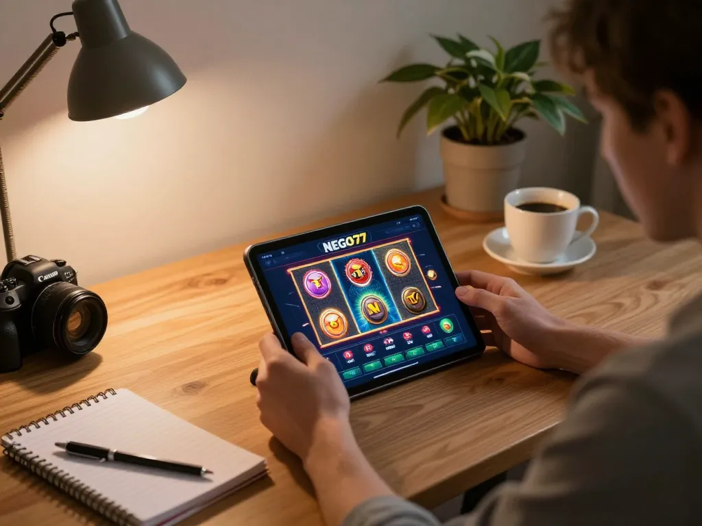 Engaging with NEGO77 casino app during online gaming session in a cozy home office.