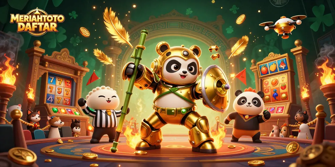 Menghadirkan keseruan MERIAHTOTO DAFTAR dengan panda emas 3D dan elemen kasino dalam ilustrasi