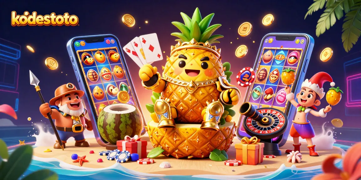 Experience kodestoto's vibrant beach casino with a golden pineapple king and gaming elements.
