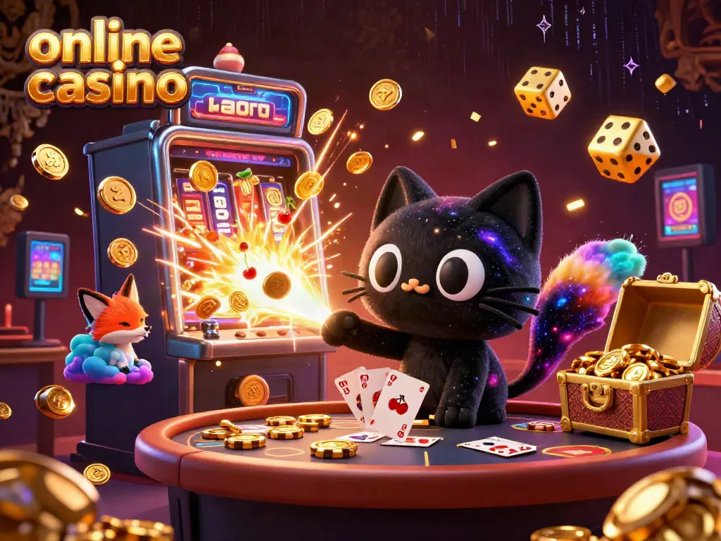 Online casino scene with a black hole cat and a nebula fox at a cosmic table.