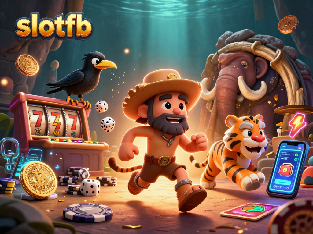Play exciting games at slotfb with a vivid scene of cavemen and a tiger having fun in a digital casino.