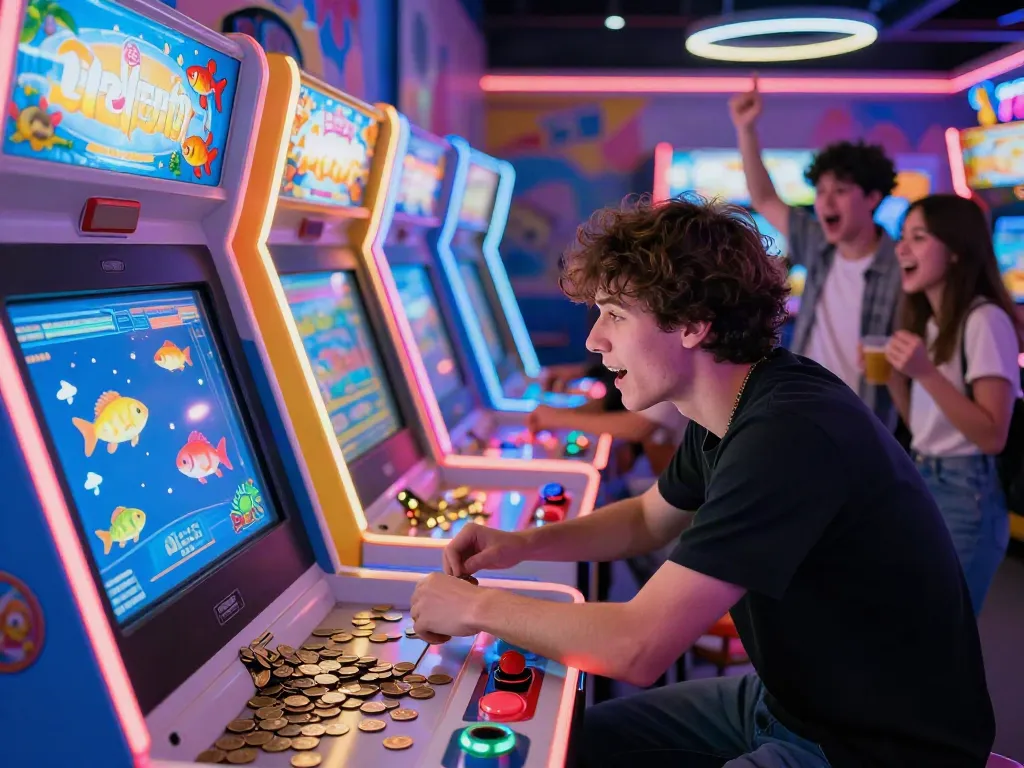 Exciting arcade experience with player engaged in lại là Bắn cá đổi thưởng game, colorful graphics and competitive friends around.